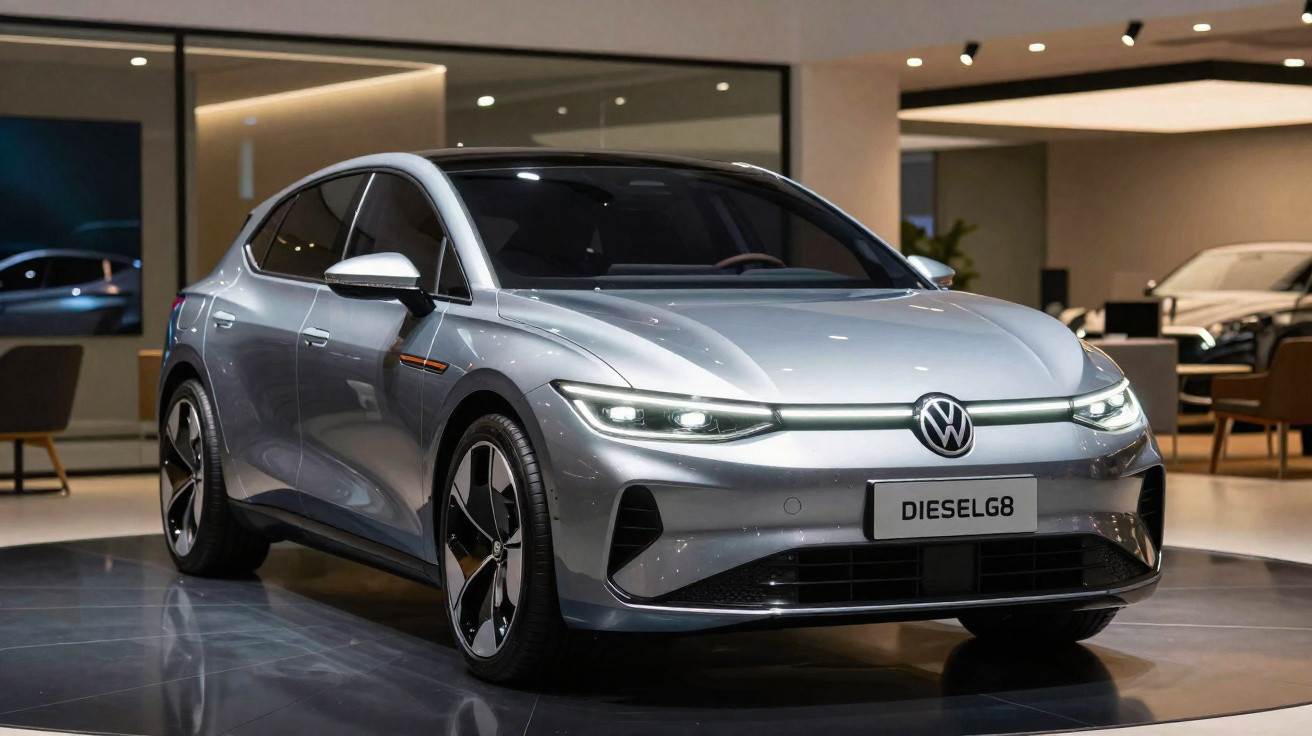Carro elétrico Volkswagen cinza num salão automóvel, com faróis ligados e design moderno e aerodinâmico.