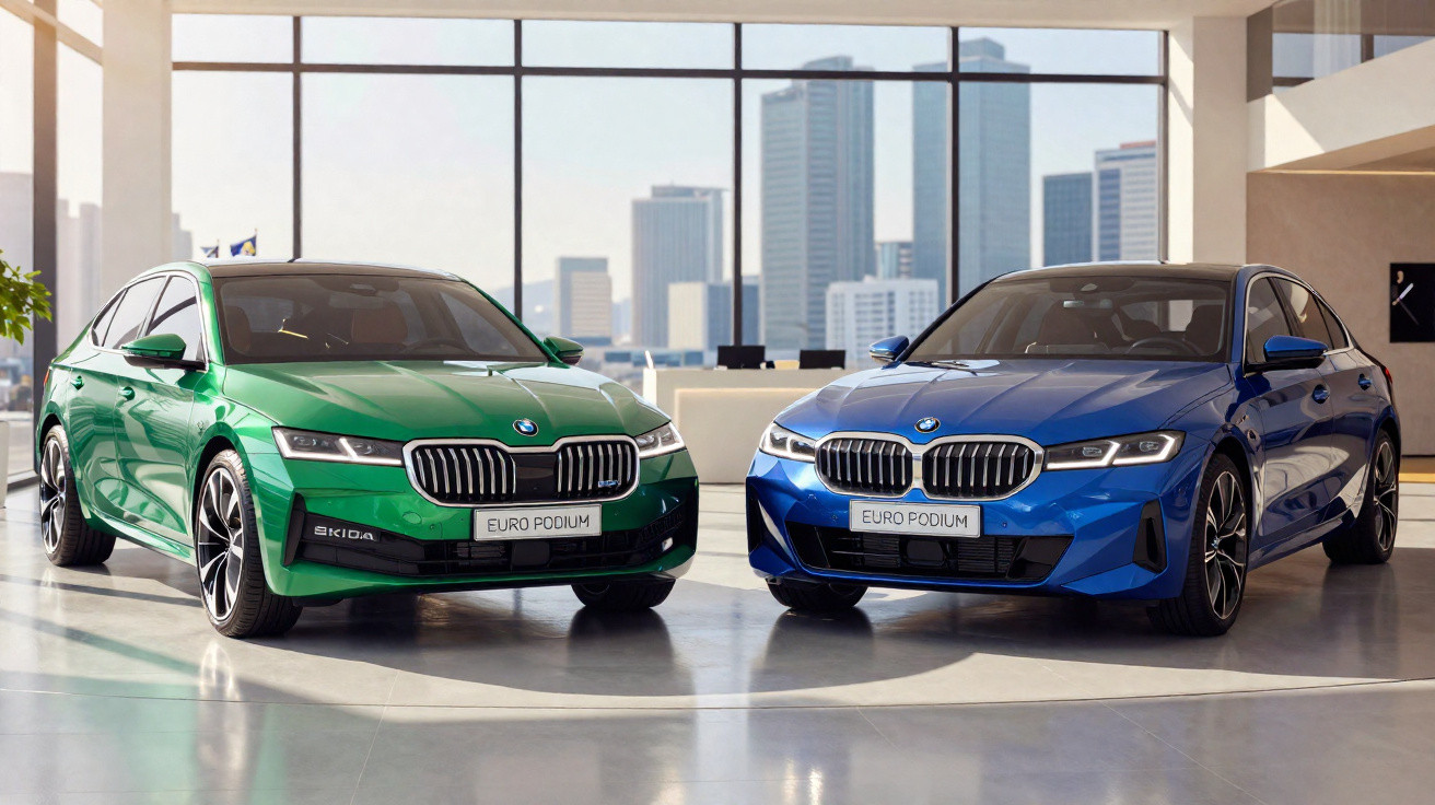Dois carros BMW modernos, um verde e outro azul, exibidos num espaço interior com janelas grandes e vista urbana.