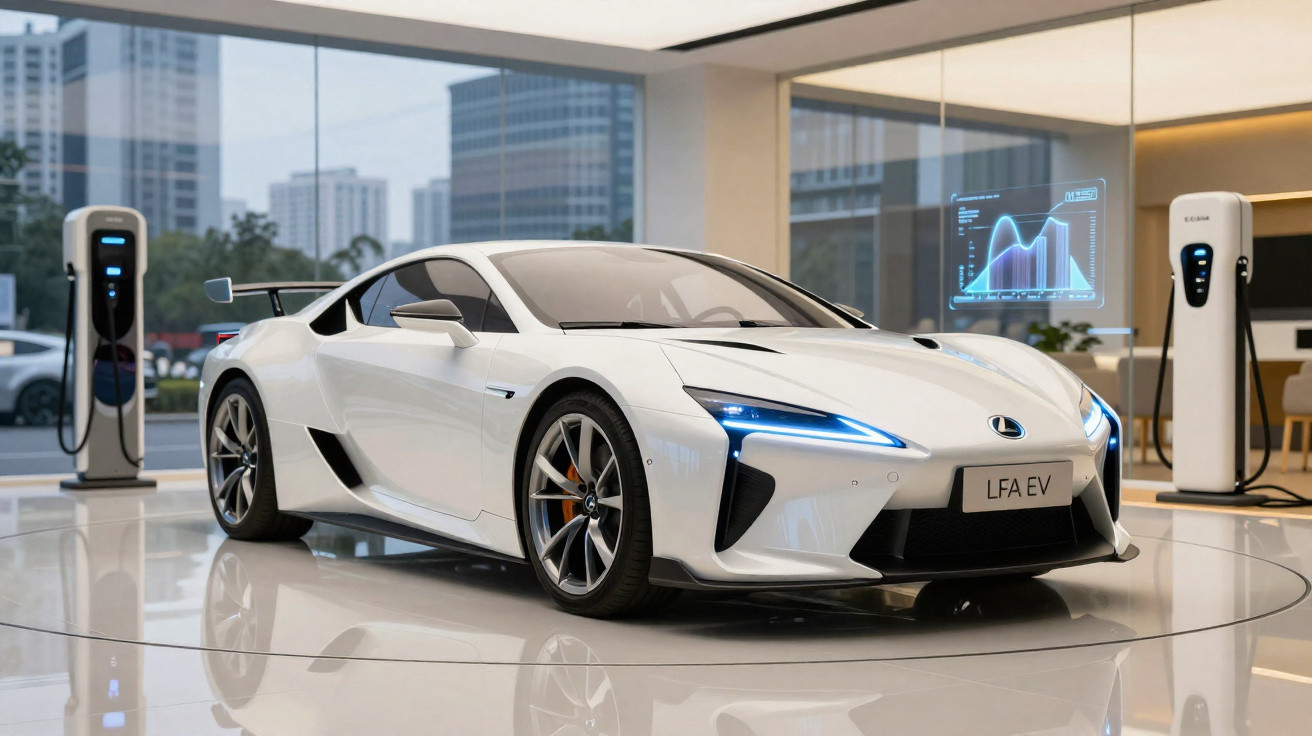 Carro elétrico desportivo branco Lexus LFA EV em showroom moderno com carregadores elétricos.
