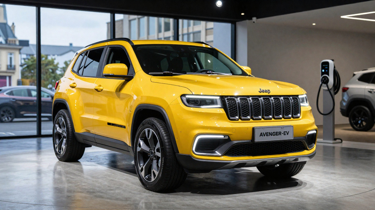 Carro elétrico Jeep amarelo modelo Avenger-EV estacionado em showroom com ponto de carregamento elétrico.