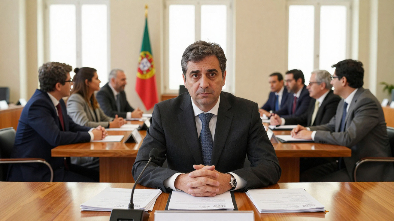 Homem de fato à frente de reunião formal com seis pessoas sentadas numa mesa ao fundo, bandeira de Portugal visível.