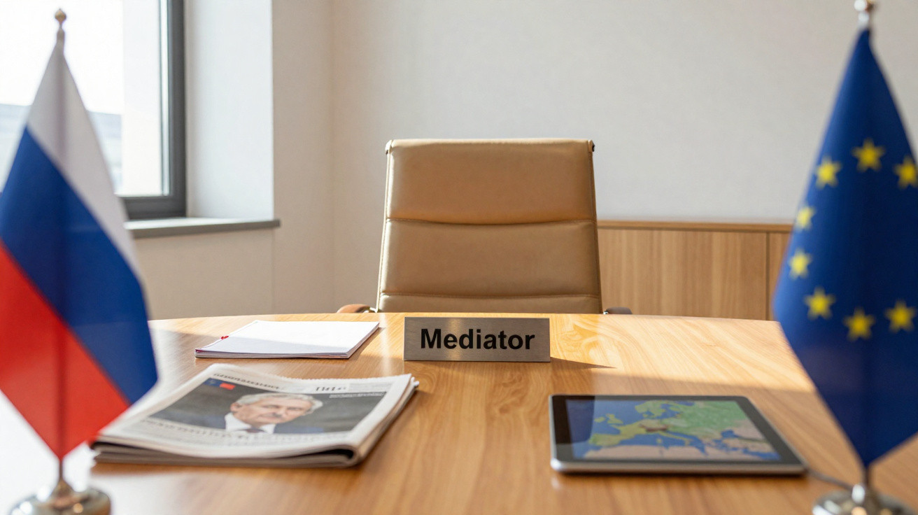 Cadeira vazia com placa "Mediator" numa mesa com bandeiras da Rússia e União Europeia, jornal e tablet.