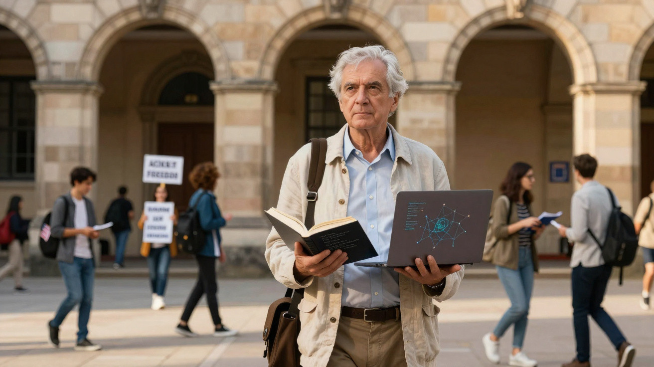 Homem idoso com livro e computador portátil numa universidade com estudantes ao fundo.