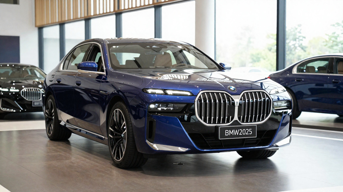 Carro BMW azul escuro modelo 2025 exibido em showroom moderno com muita iluminação natural.