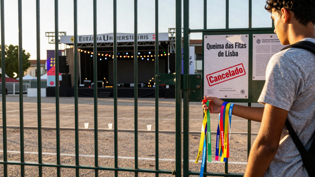 Homem segura fitas coloridas junto a portão fechado com aviso de evento "Queima das Fitas de Lisboa cancelado".