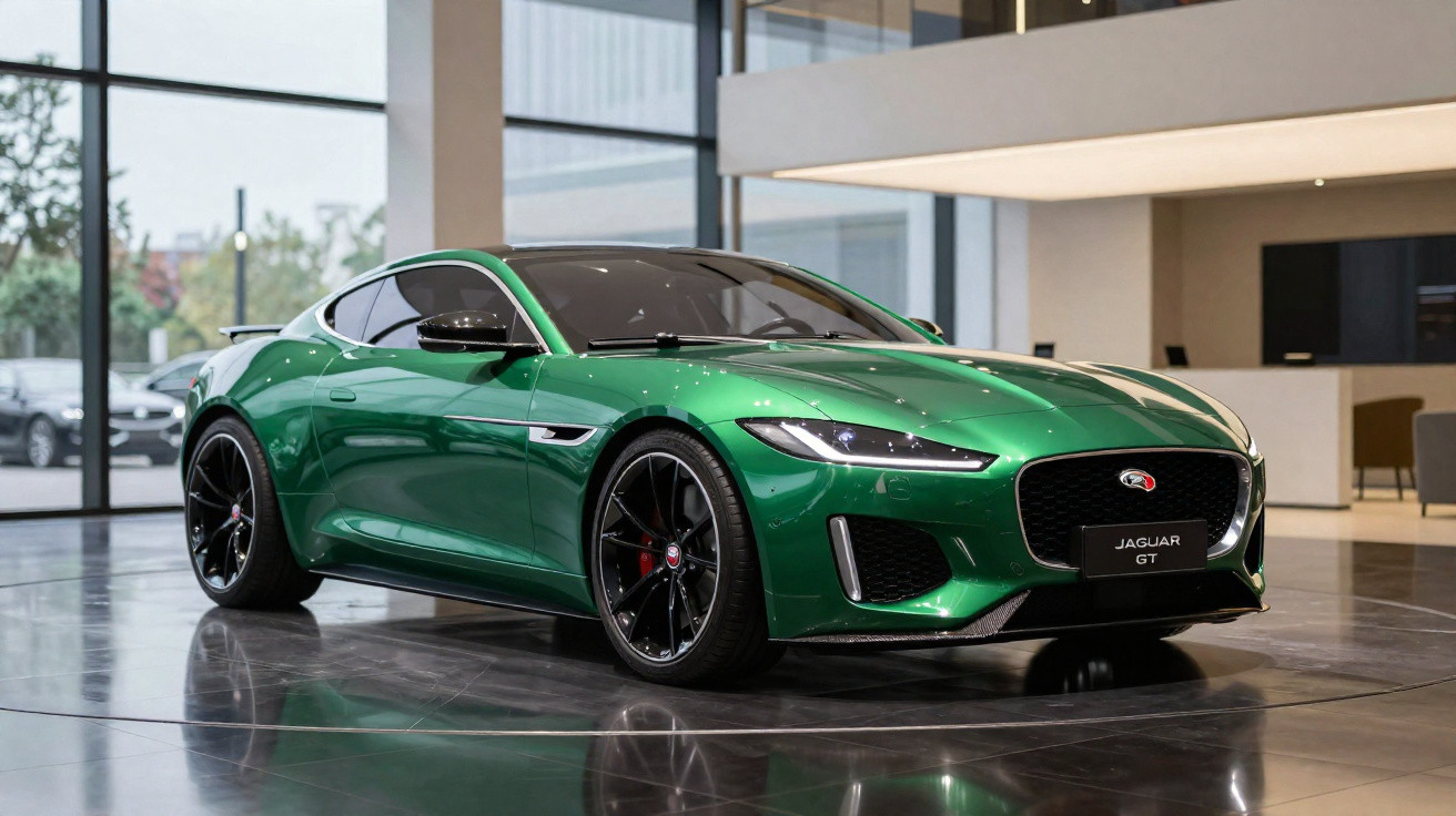Carro desportivo Jaguar GT verde exposto num salão moderno com grandes janelas e piso refletor.