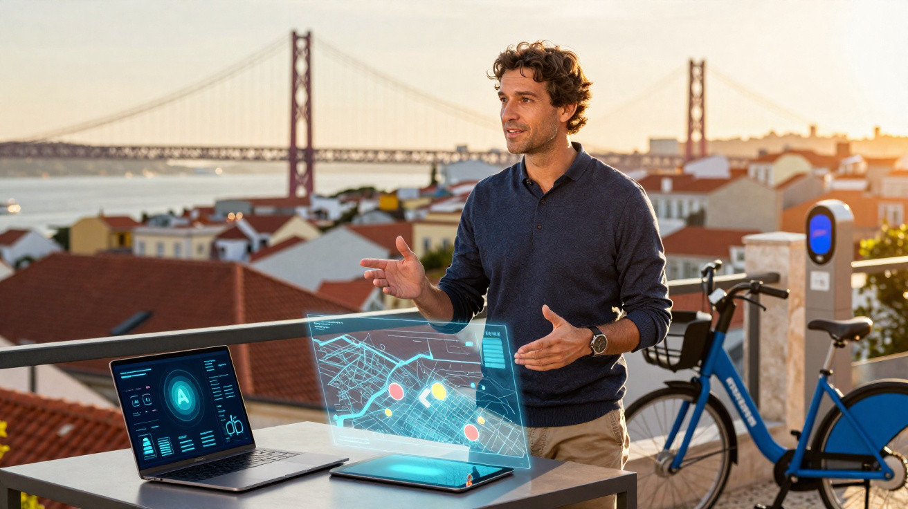 Homem apresenta tecnologia holográfica com mapa digital no terraço, com ponte e bicicleta elétrica ao fundo.