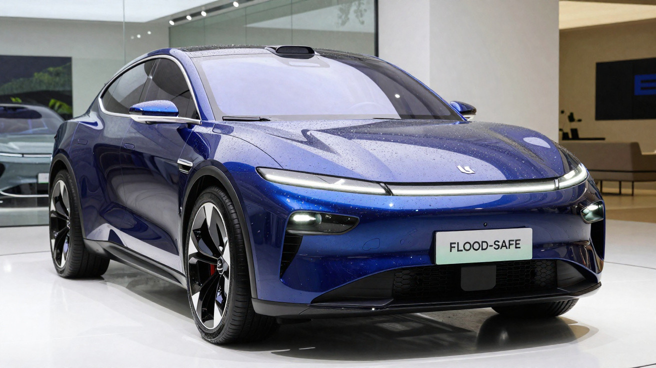 Carro elétrico azul Flood-Safe estacionado em ambiente interior moderno, com design aerodinâmico e luzes LED.