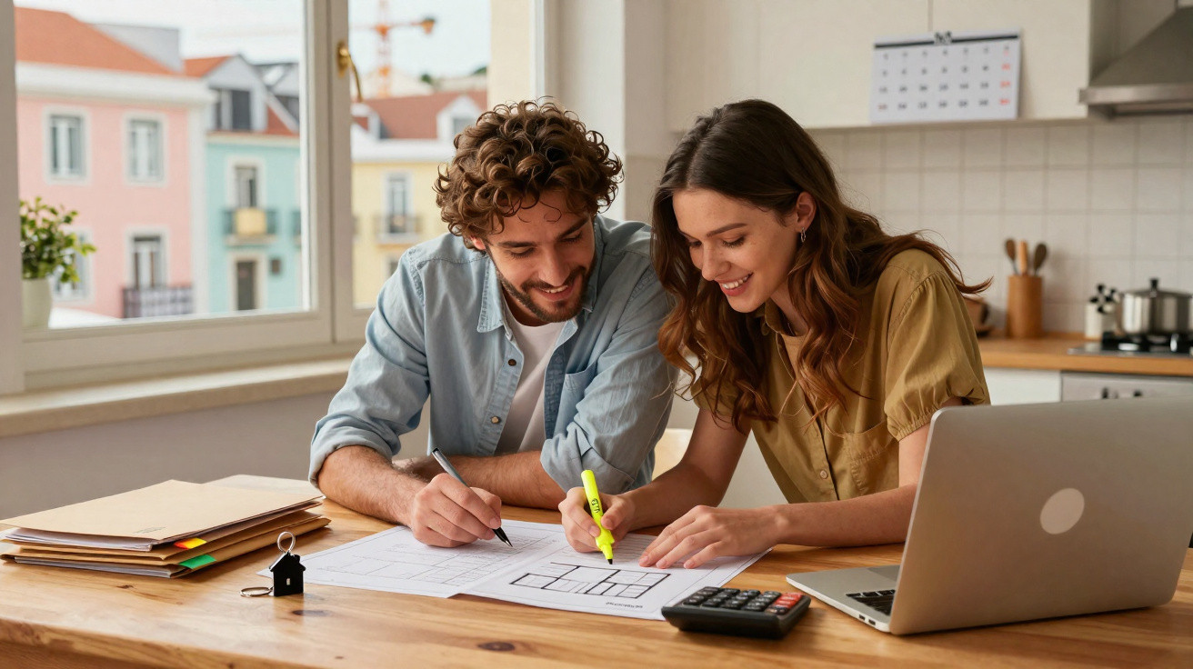 Casal jovem a planear uma casa numa planta, com laptop e calculadora numa mesa de madeira.