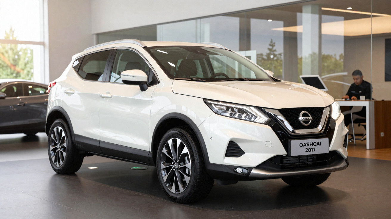 SUV Nissan Qashqai branco modelo 2017 exposto em salão automóvel moderno.