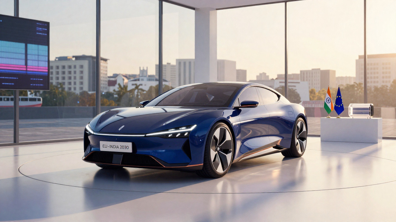 Carro eléctrico desportivo azul exposto em espaço moderno com vistas urbanas ao fundo.