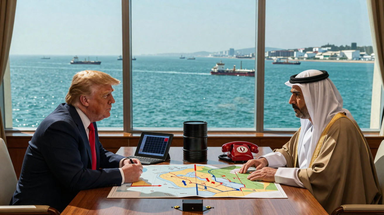 Dois homens sentados à mesa com mapa, telefone vermelho e barril, vista para o mar com navios ao fundo.