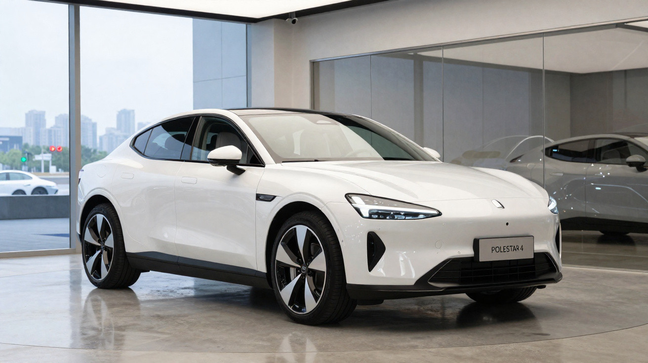 Carro elétrico branco Polestar 4 em exposição numa sala moderna com janelas amplas e reflexos no chão.