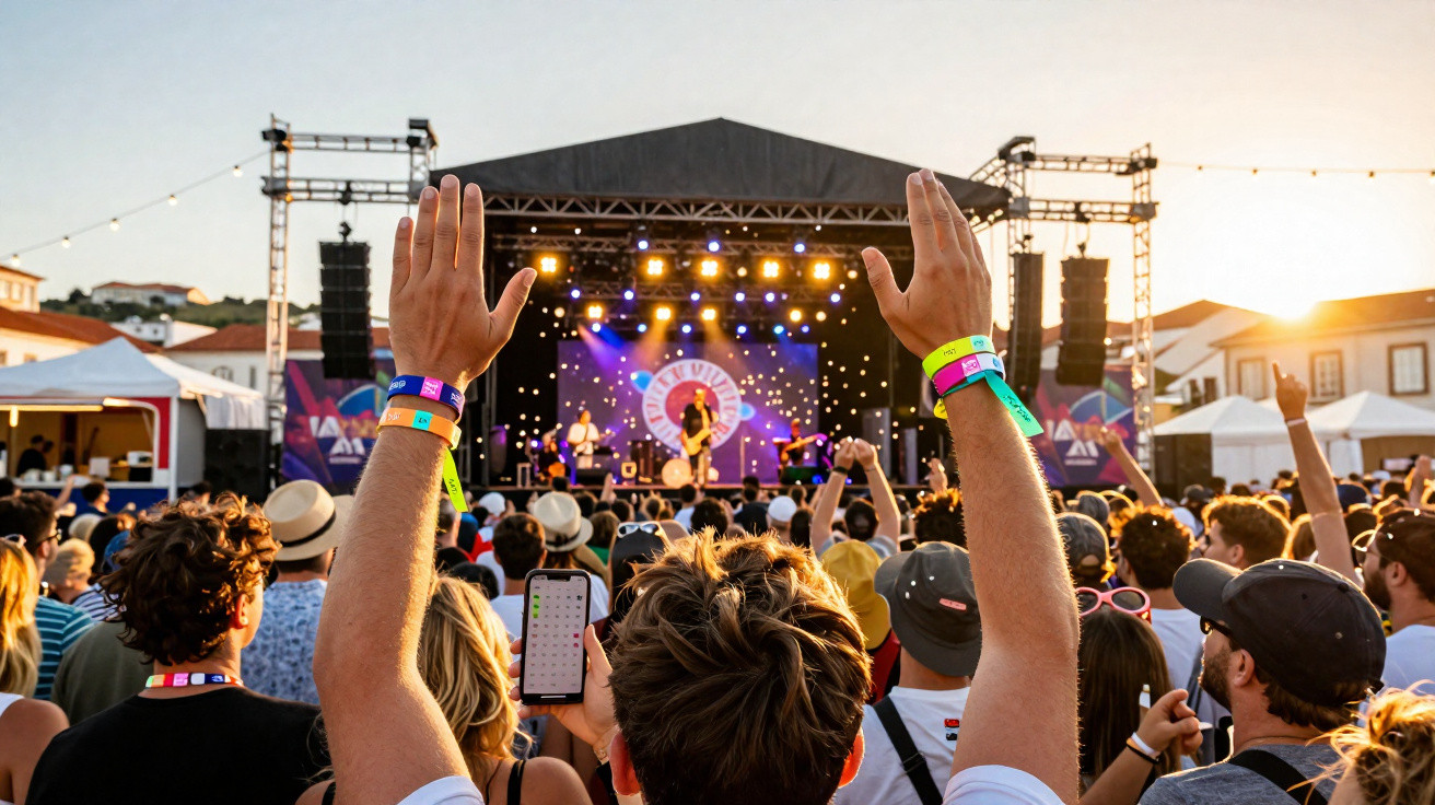 Público animado a assistir a concerto ao ar livre ao pôr do sol com mãos levantadas e palco iluminado.