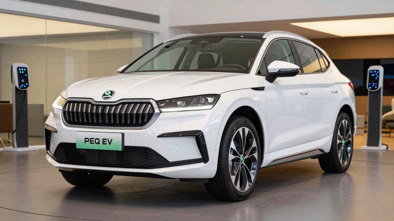 Carro elétrico branco Škoda Enyaq iV estacionado em showroom com carregadores ao fundo.
