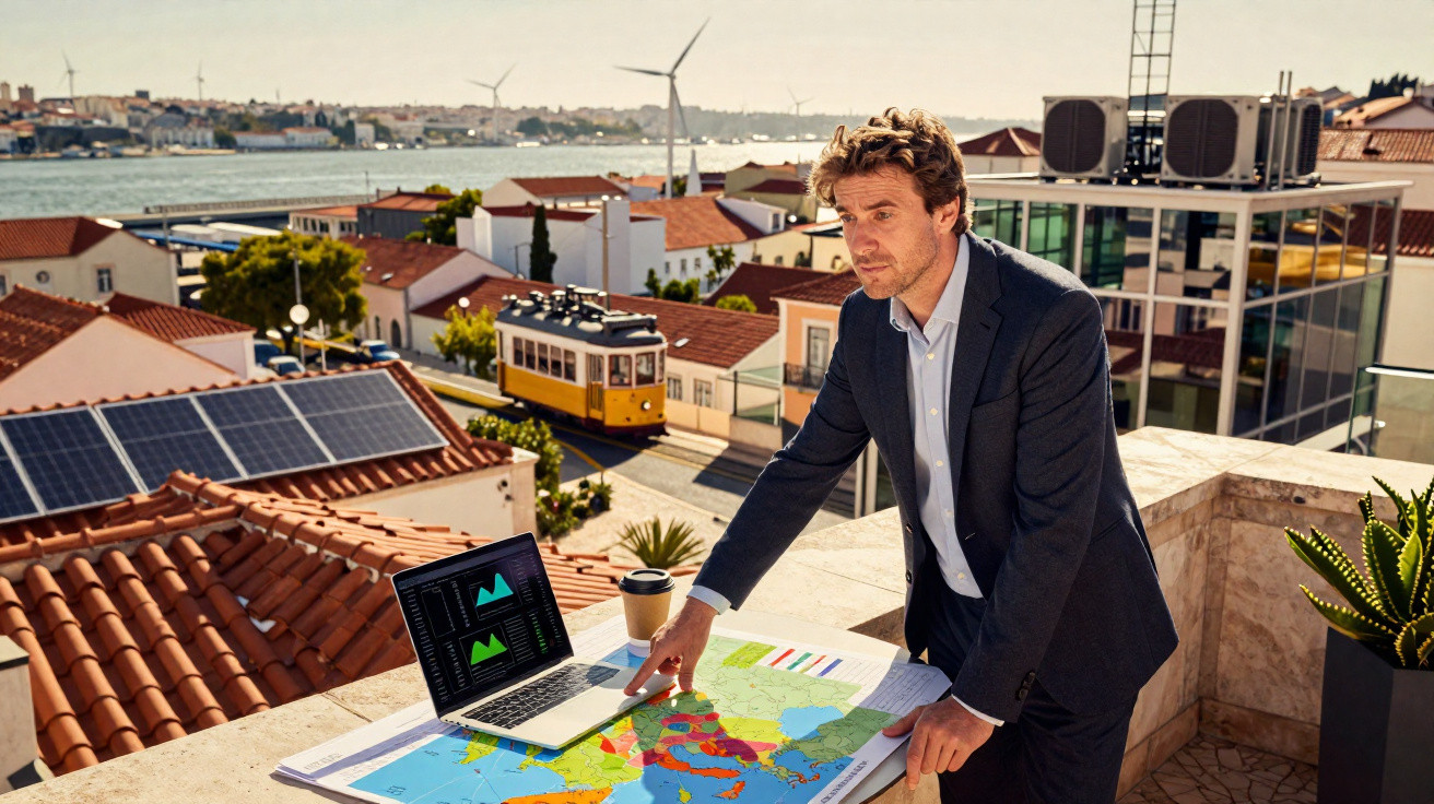 Homem de fato a analisar mapa na varanda de prédio com vista para telhados e elétrico em Lisboa.