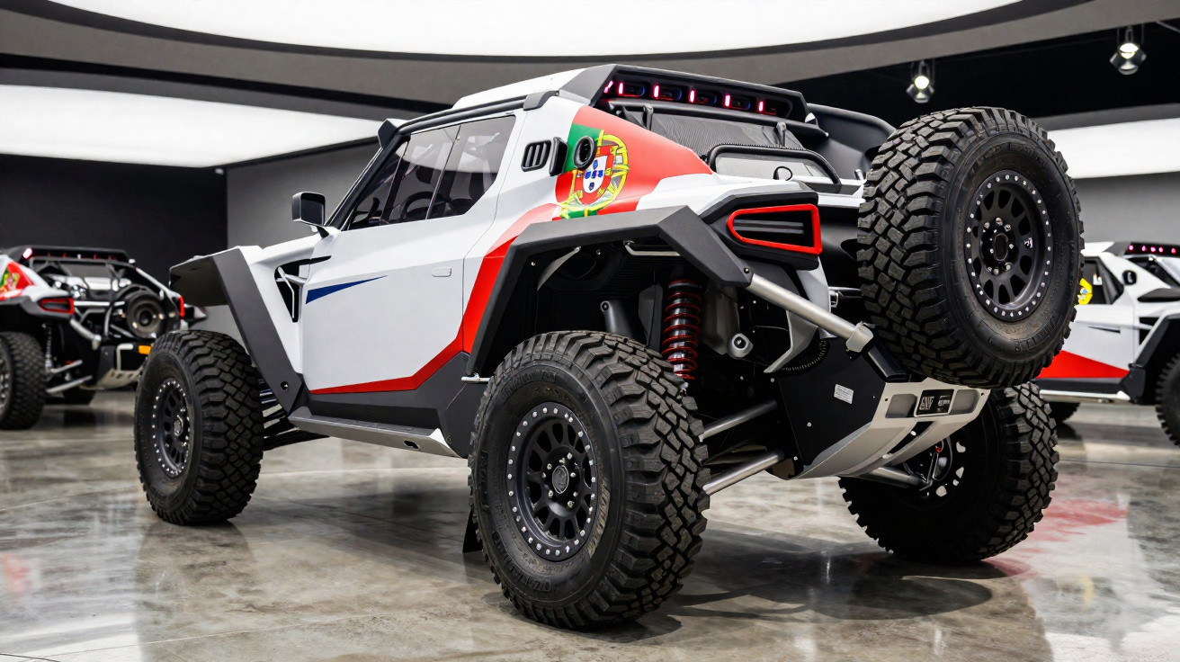 Veículo off-road branco com detalhes em vermelho e azul e bandeira de Portugal numa exposição interior.