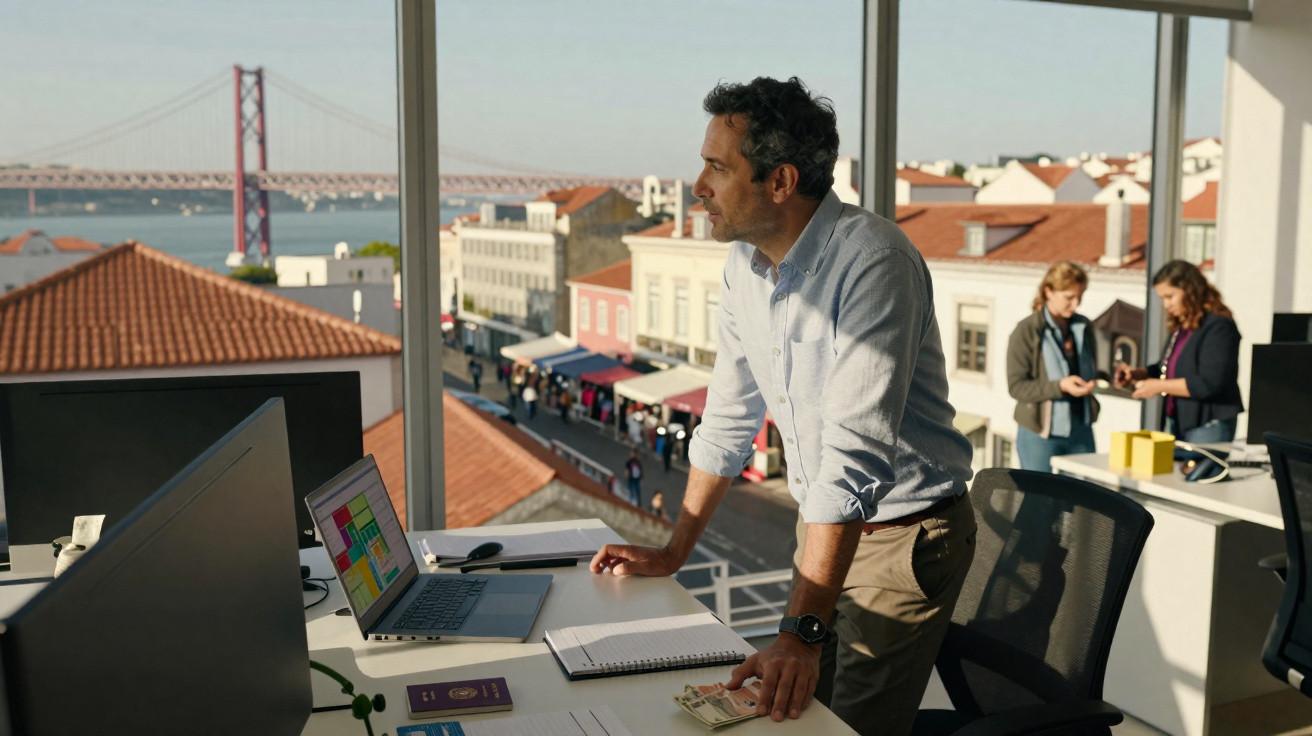 Homem em escritório moderno com vista para rua e ponte, com computador e papéis na secretária.