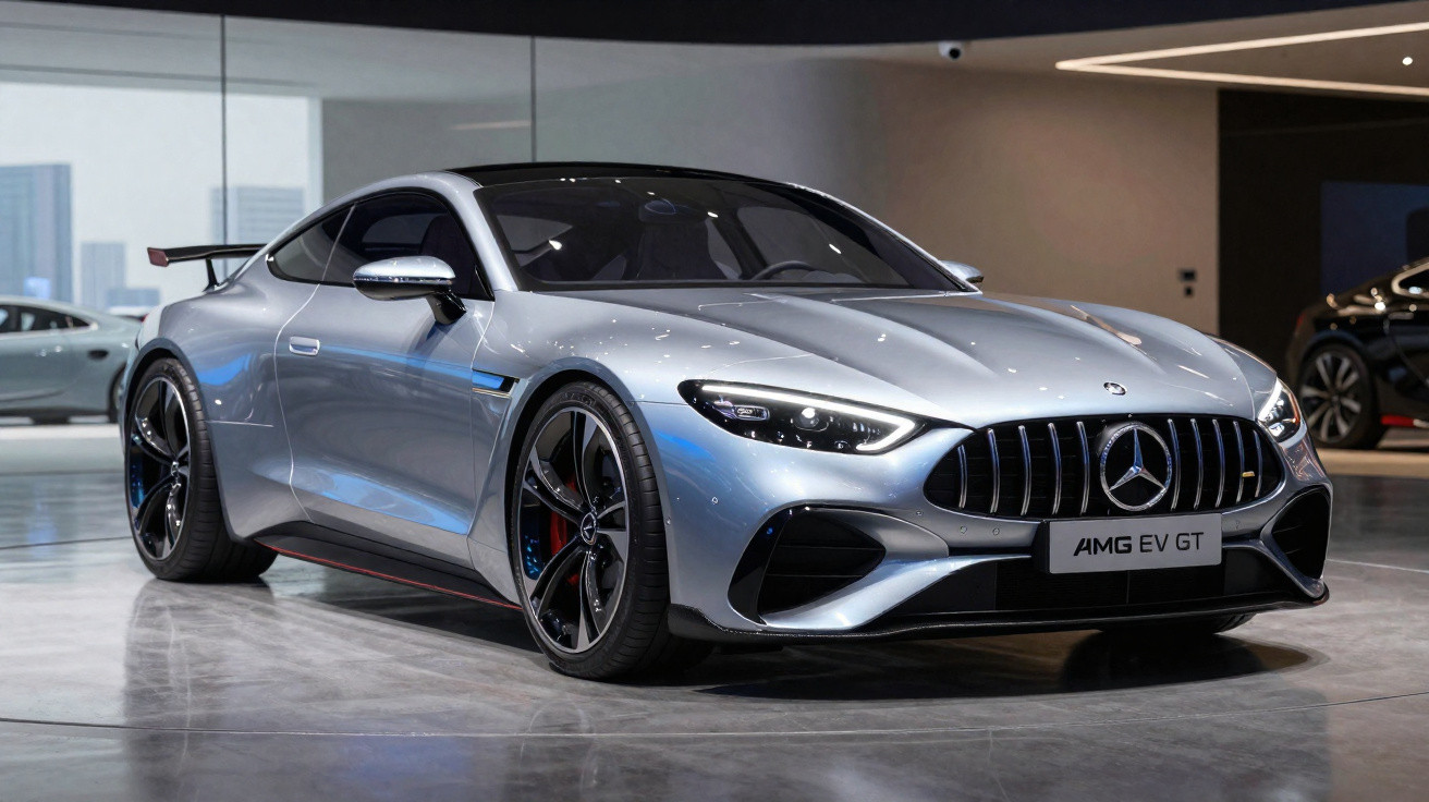 Carro desportivo Mercedes-Benz AMG EV GT prateado em ambiente interior moderno e bem iluminado.