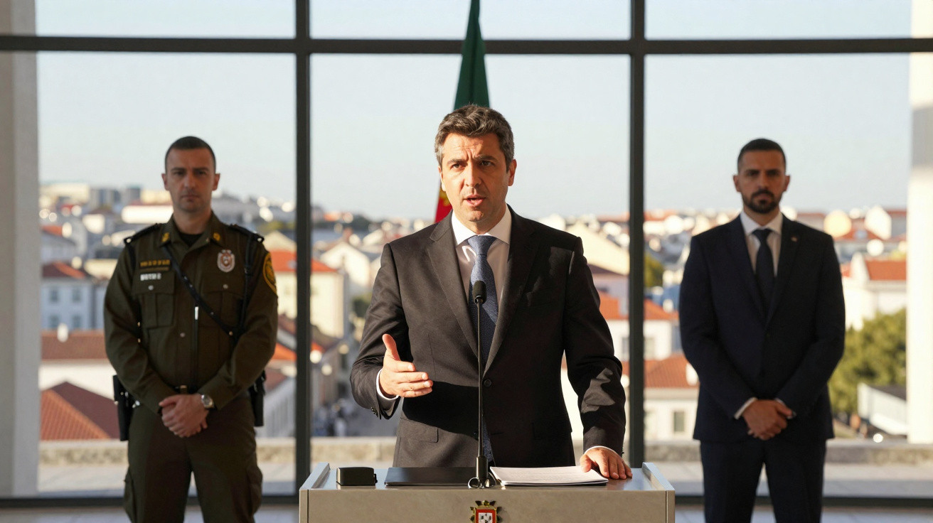 Homem em fato a discursar em pódio com bandeira de Portugal ao fundo, flanqueado por dois homens de fato e farda.