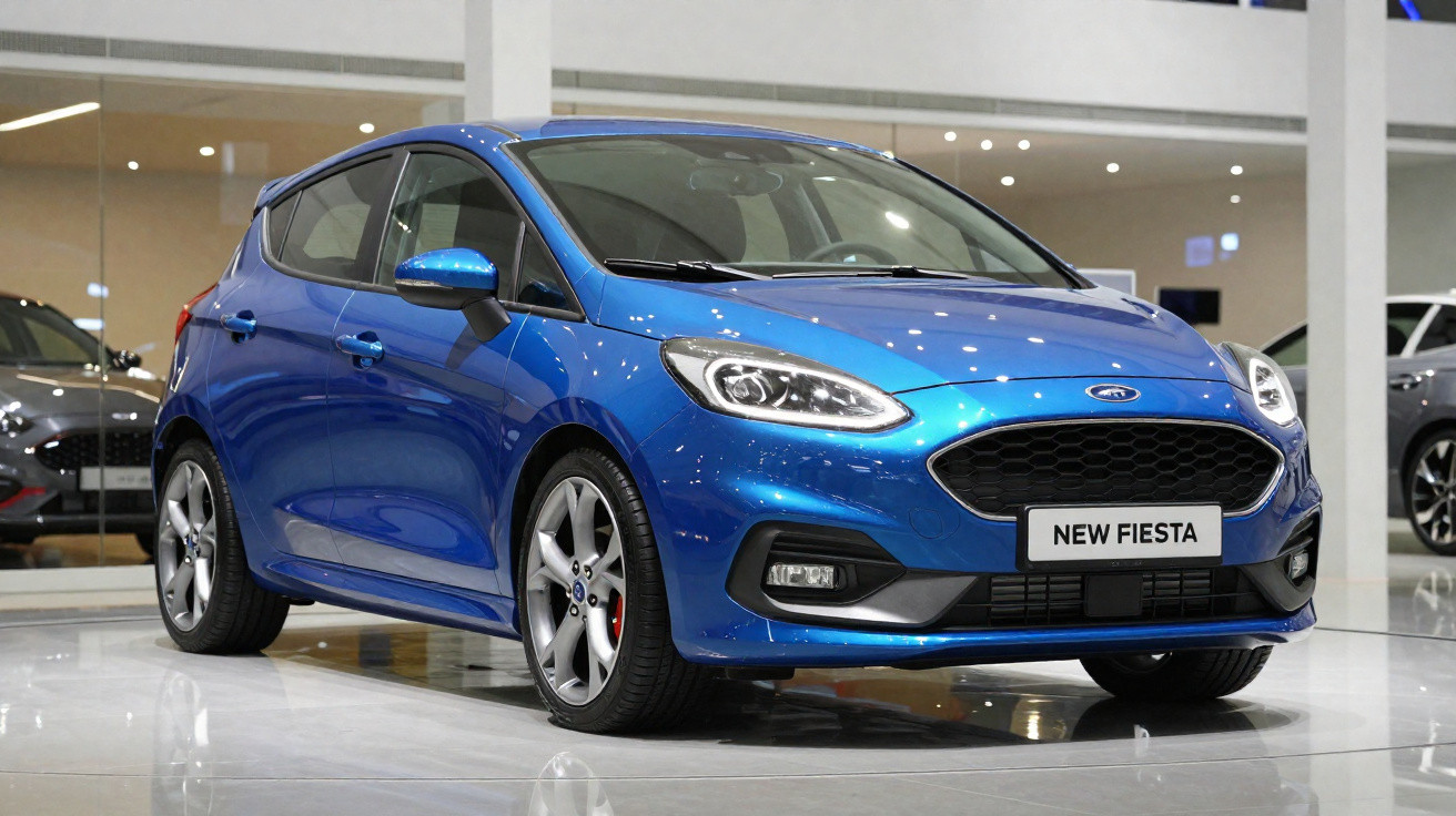 Carro Ford New Fiesta azul estacionado em showroom com iluminação refletida no capô e rodas prateadas.