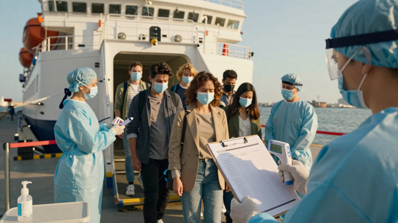Pessoas de máscara a desembarcar de um navio com profissionais de saúde a medir temperatura e verificar documentos.