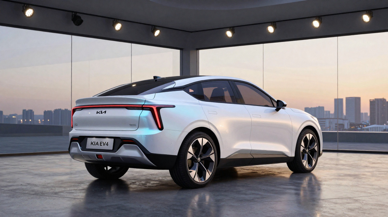 Carro elétrico KIA EV4 branco estacionado num espaço interior com janelas panorâmicas e iluminação moderna.