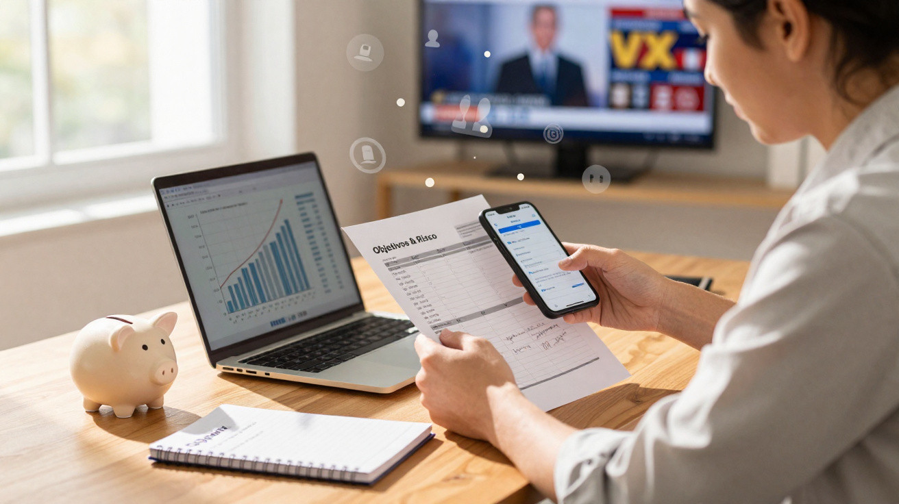 Pessoa a analisar documentos e gráfico financeiro, usando telemóvel e portátil numa mesa com mealheiro e caderno.