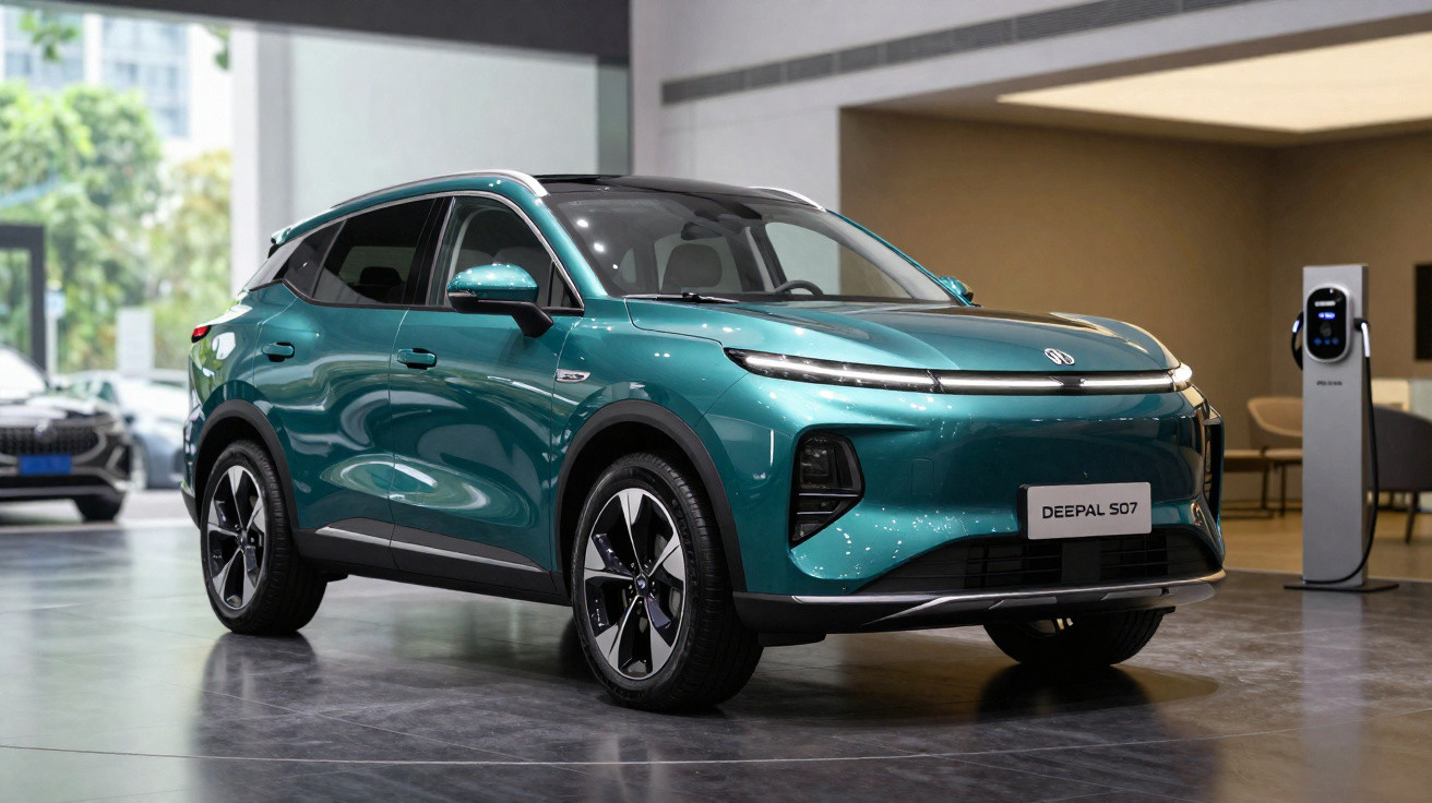SUV elétrico verde Deepal S07 numa exposição com estação de carregamento ao lado