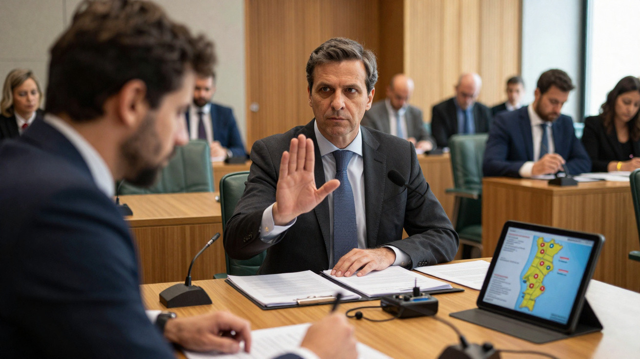 Homem de fato levanta a mão em reunião formal com pessoas em fundo desfocado e mapa num tablet.