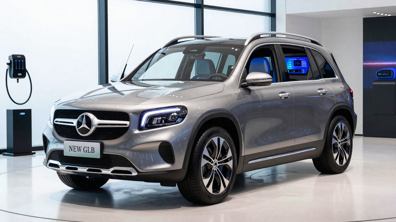 SUV Mercedes-Benz New GLB cinzento estacionado em sala de exposição moderna com carregador elétrico visível.
