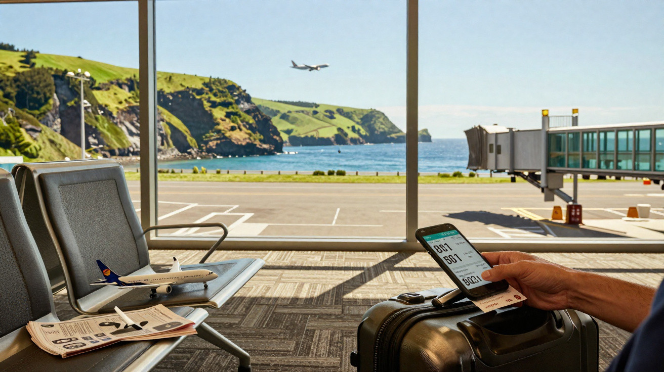 Interior de aeroporto com vista para avião a descolar, modelo de avião e pessoa segurando smartphone com bilhete digital.