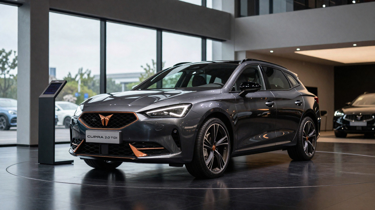 Carro cinzento Cupra 2.0 TDI exposto numa sala de show moderna com grandes janelas.