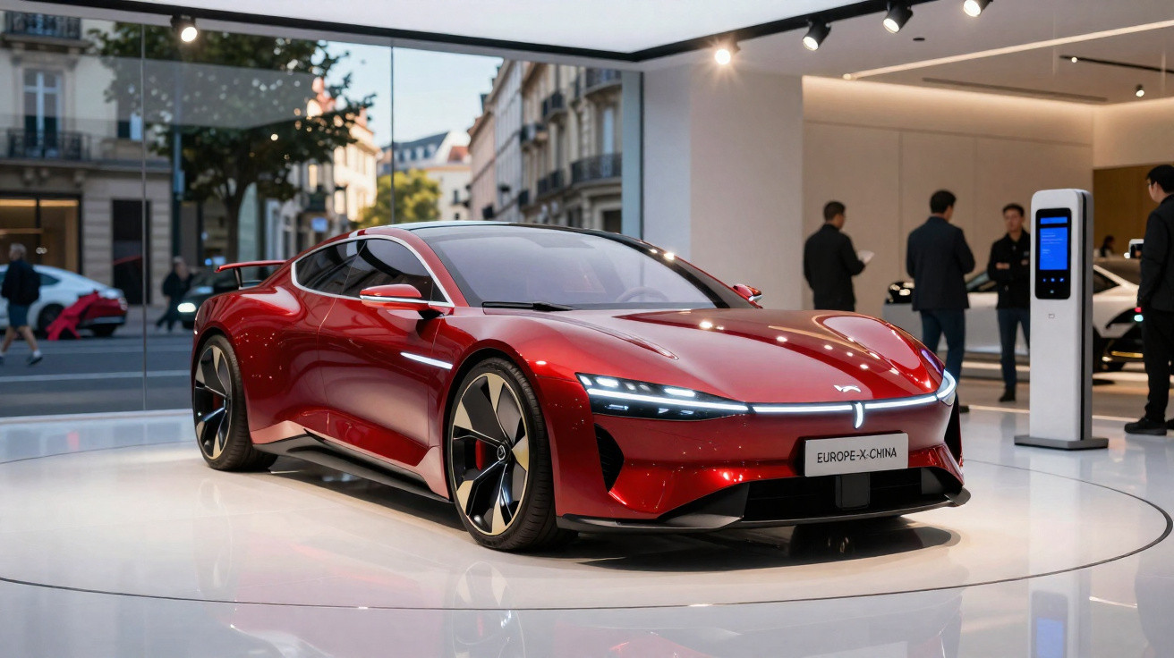 Carro desportivo elétrico vermelho em exposição numa sala moderna com várias pessoas ao fundo.