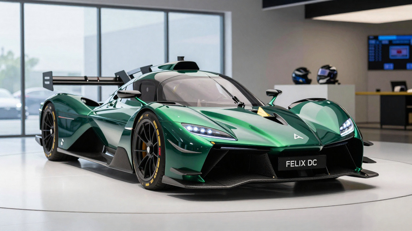 Carro desportivo verde metálico Felix DC em exposição dentro de sala moderna.