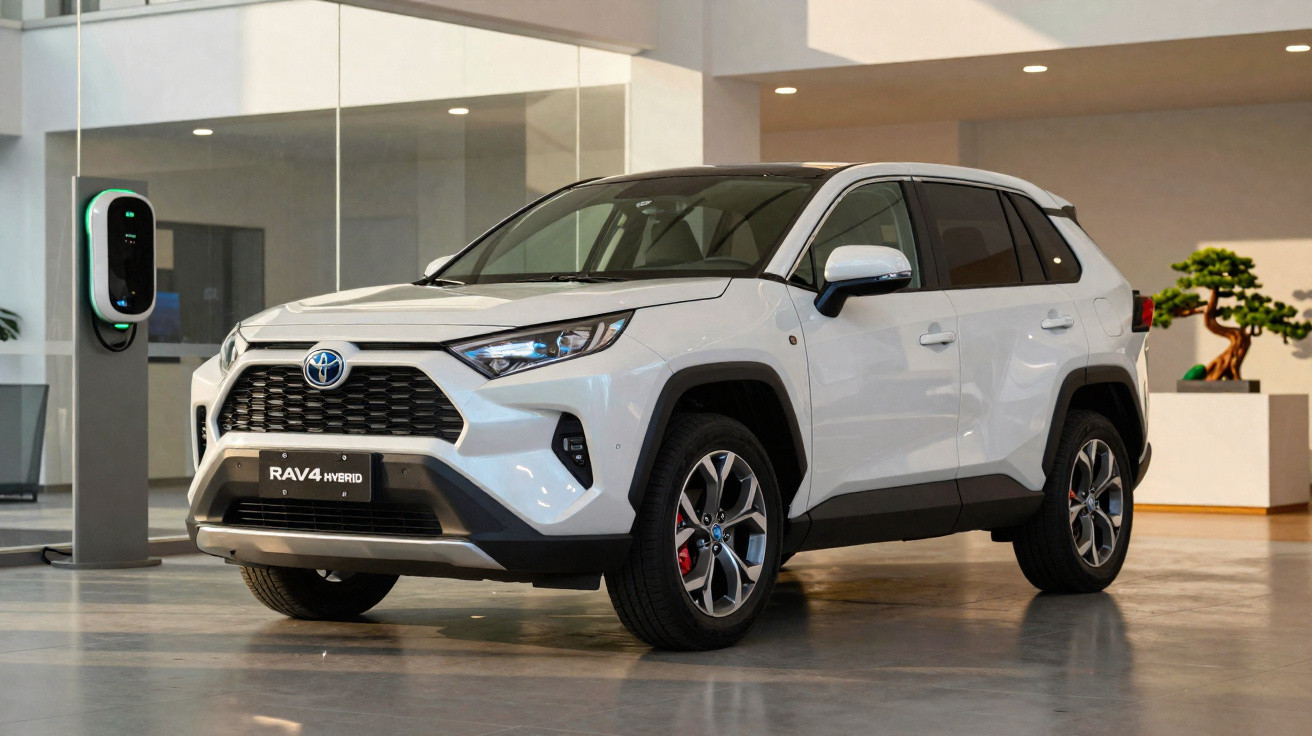 Toyota RAV4 Hybrid branco estacionado num showroom moderno com carregador elétrico ao lado.
