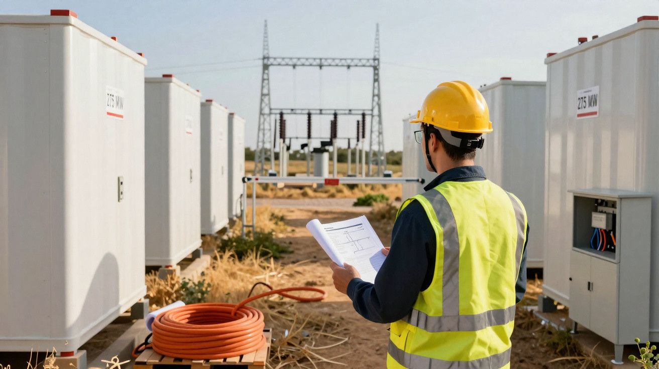 Técnico com capacete e colete a analisar documentos numa central elétrica ao ar livre.