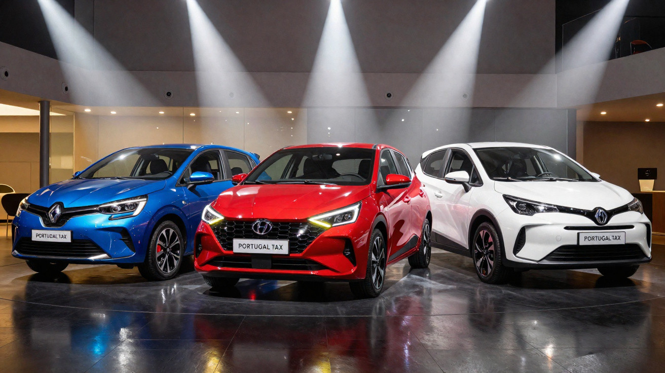 Três carros novos em exposição, nas cores azul, vermelho e branco, iluminados por holofotes num salão moderno.
