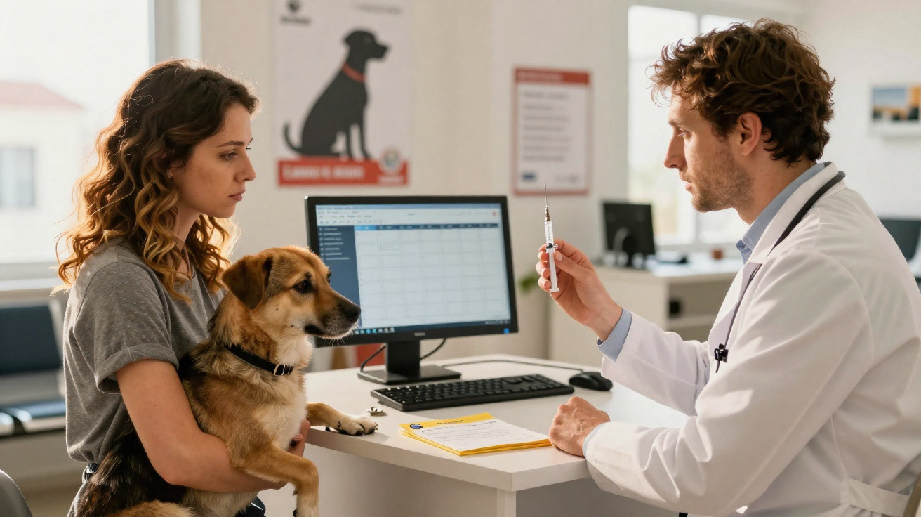 Mulher com cão no colo numa consulta veterinária, veterinário prepara seringa para vacinação.