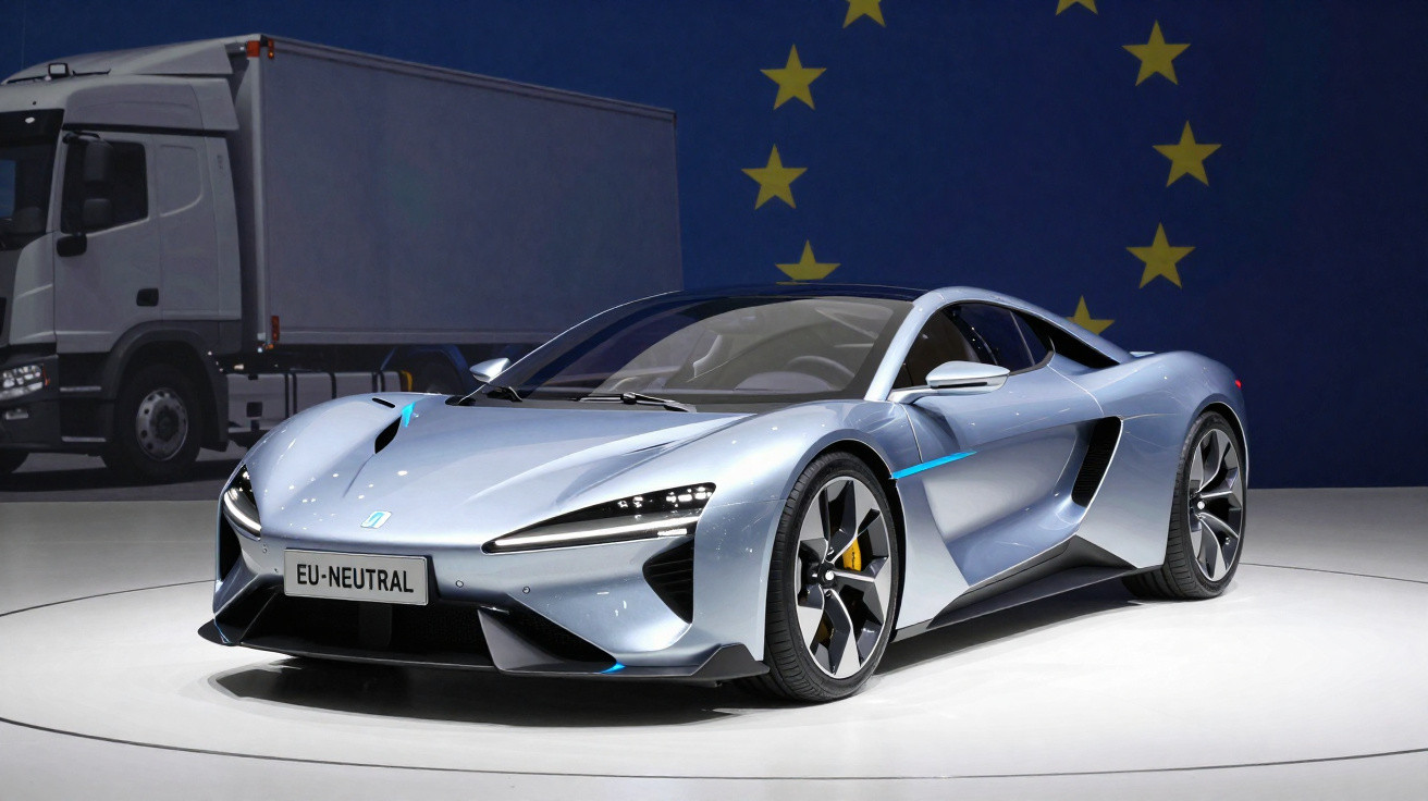 Carro desportivo elétrico prateado em exposição com camião e bandeira da União Europeia ao fundo.