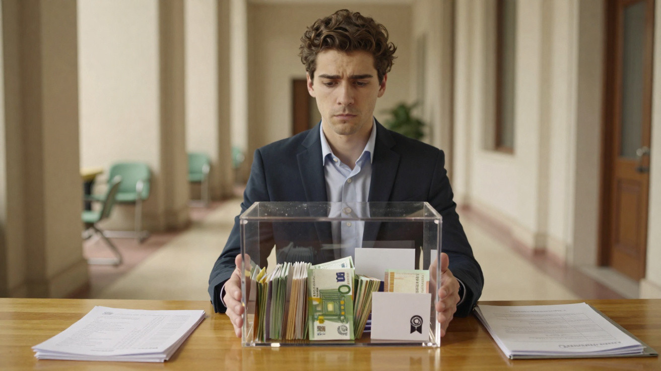 Homem sério segurando urna transparente com dinheiro e envelopes numa mesa com documentos.