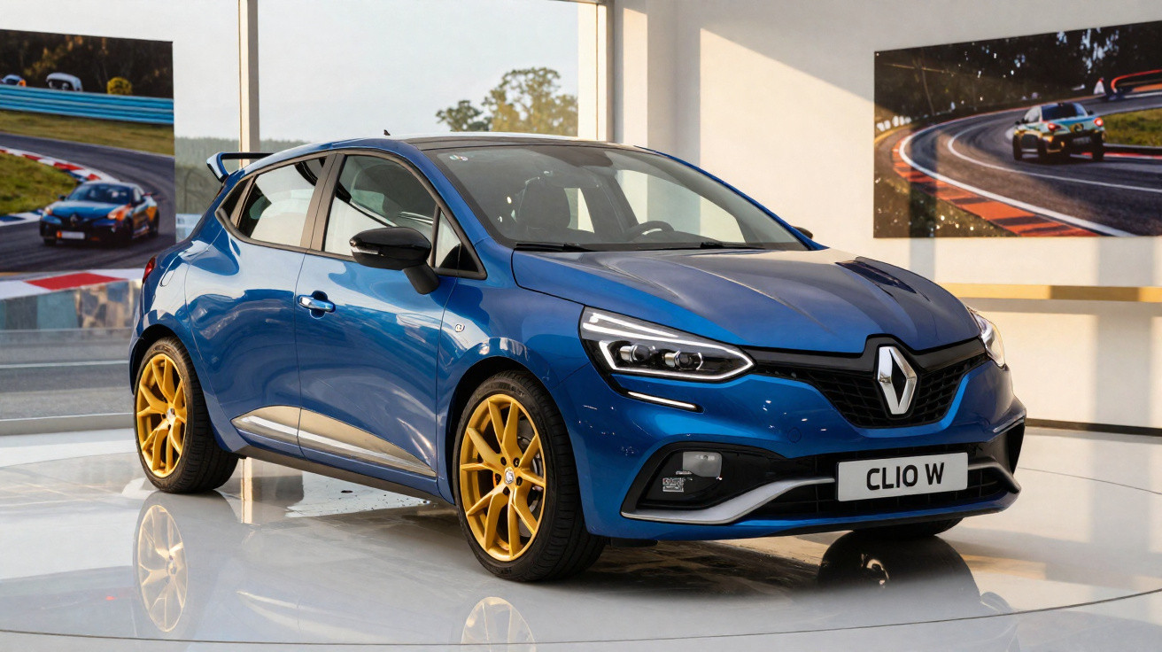 Carro desportivo Renault Clio azul com jantes douradas em exposição interior moderna.