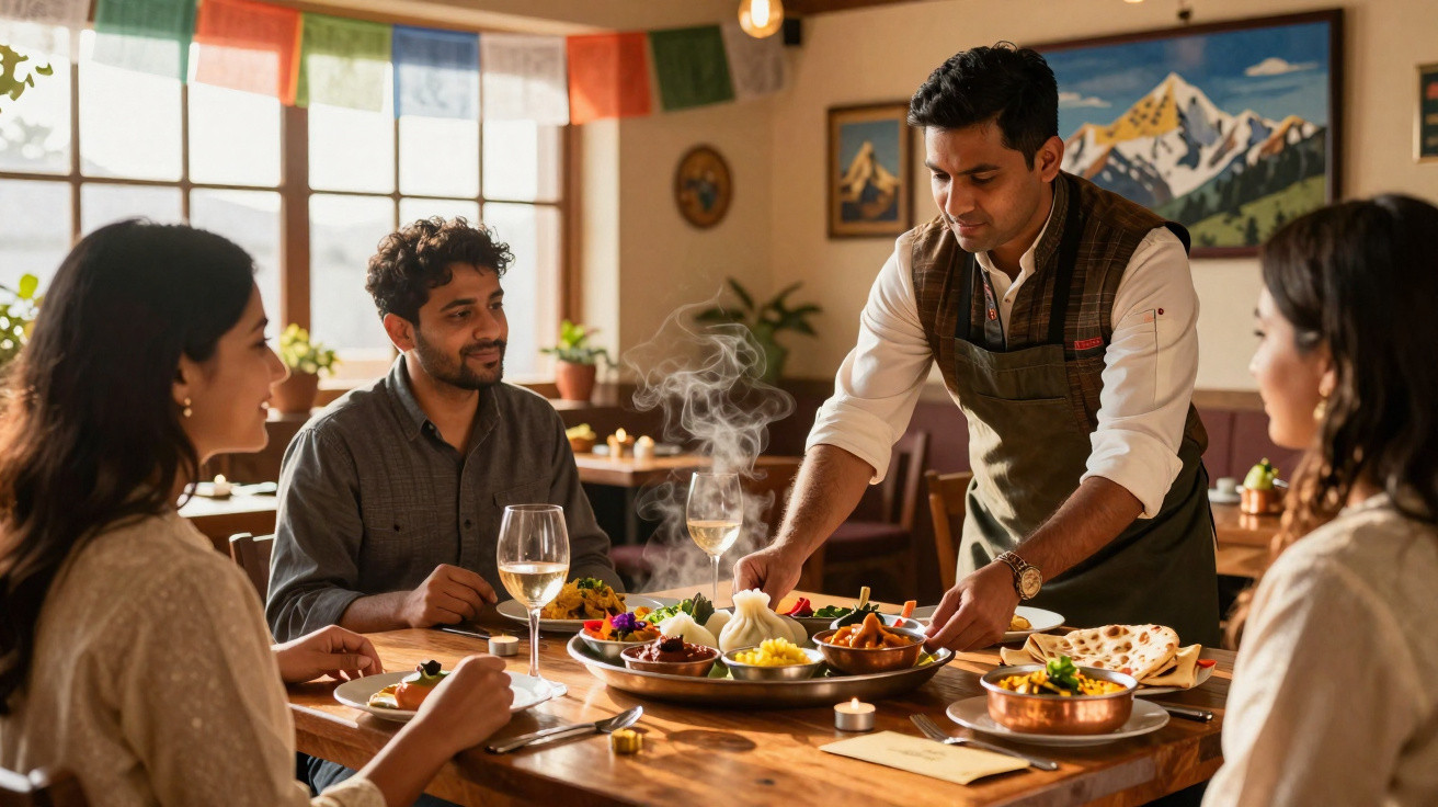 Grupo de três pessoas num restaurante indiano a ser servido com comida tradicional quente.