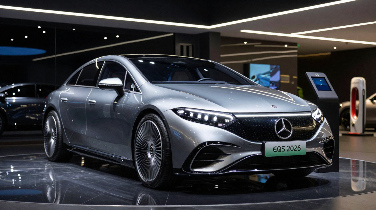 Mercedes-Benz EQS 2026 elétrico prateado em exposição numa sala moderna e iluminada.