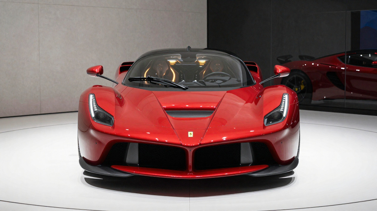 Carro desportivo Ferrari vermelho visto de frente num espaço de exposição com paredes claras e chão branco.