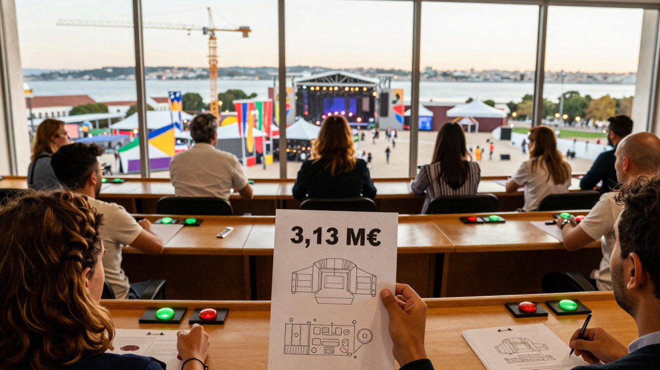 Pessoas numa sala de reuniões com vista para um estádio, uma segura papel com valor e desenho técnico.