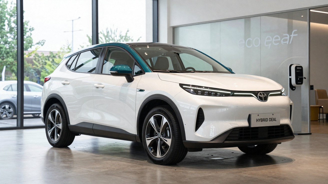 Veículo híbrido branco Toyota SUV estacionado em showroom moderno com parede de vidro e carregador elétrico.