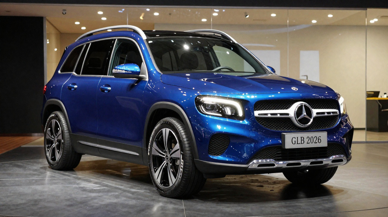 Carrinha Mercedes-Benz GLB 2026 azul metálico exibida em interior moderno e iluminado.