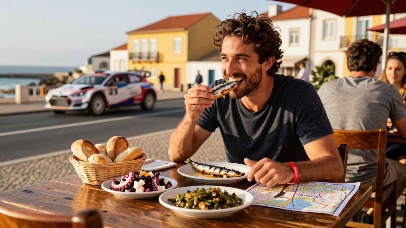 Homem a comer peixe grelhado numa mesa ao ar livre com pão e salada, rua e carro de rally ao fundo.