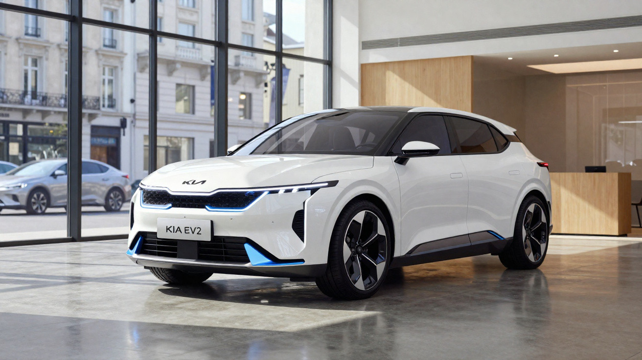 Carro elétrico branco Kia EV2 estacionado numa garagem moderna com janelas amplas e muita luz natural.